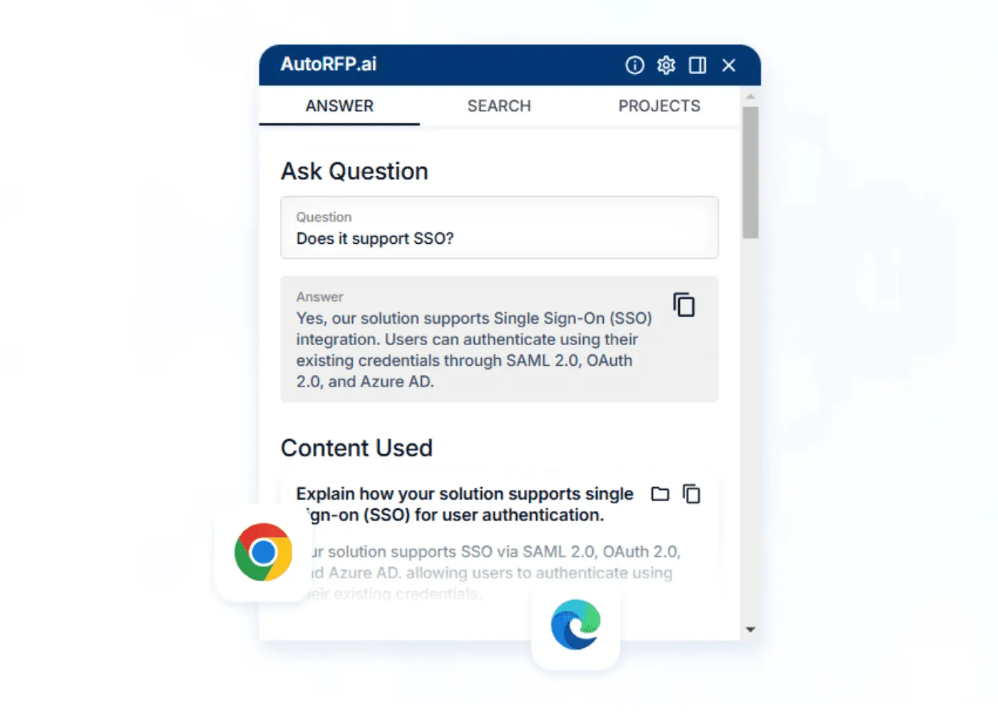AutoRFP.ai browser extension completing RFP responses inside an online procurement portal
