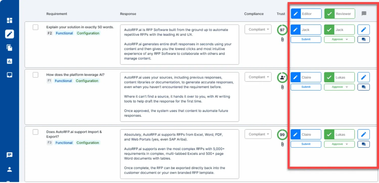 AutoRFP.ai collaborative RFP workflow with one-click section assignments